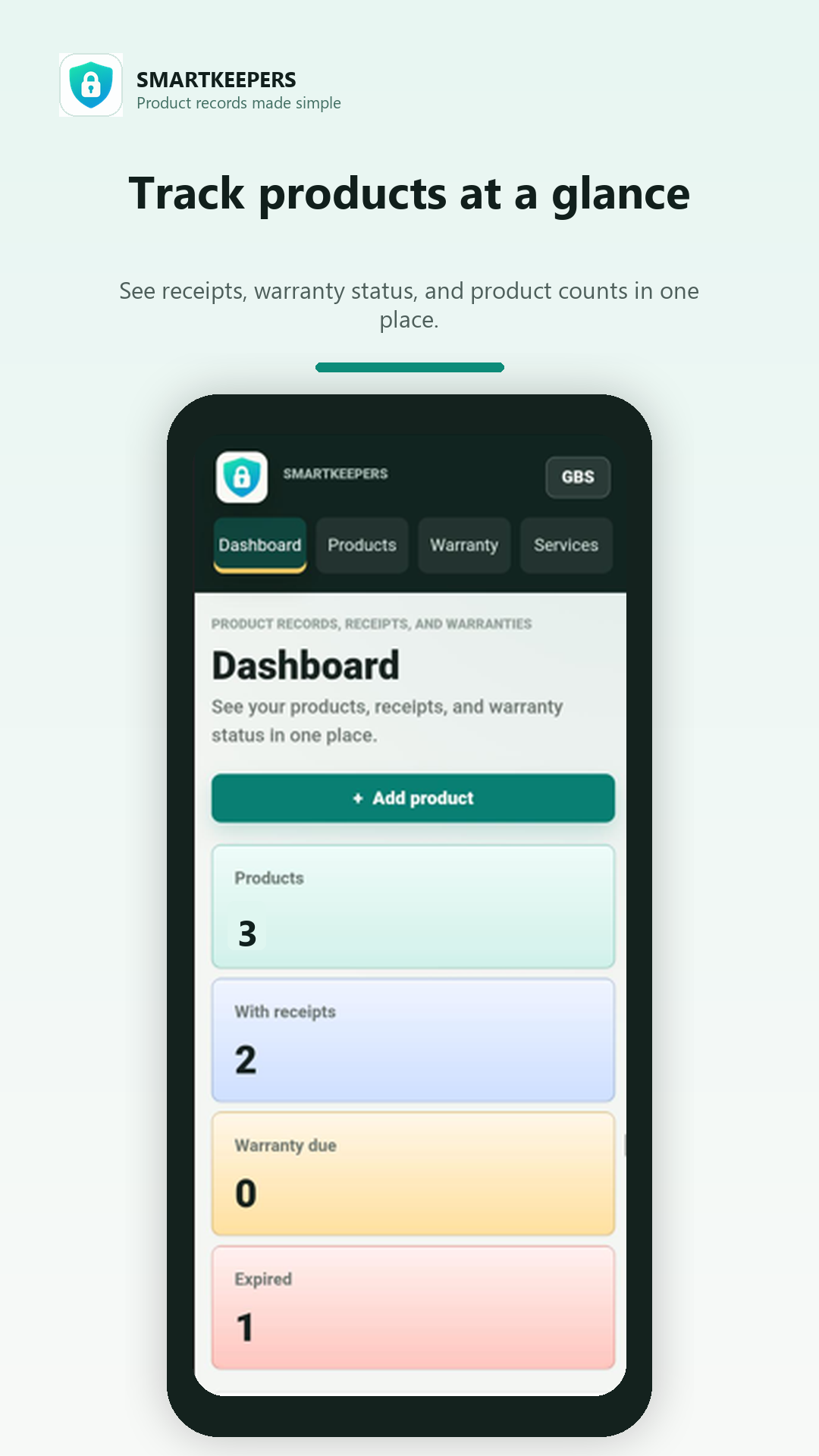 SmartKeepers dashboard showing product records