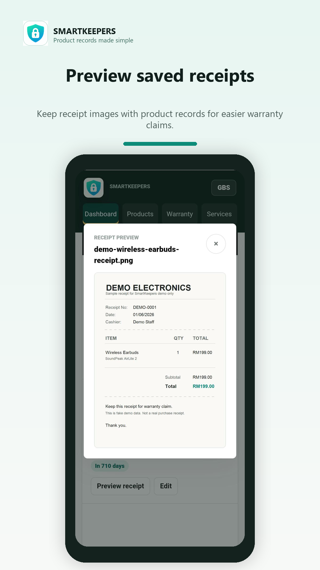 SmartKeepers receipt preview screen