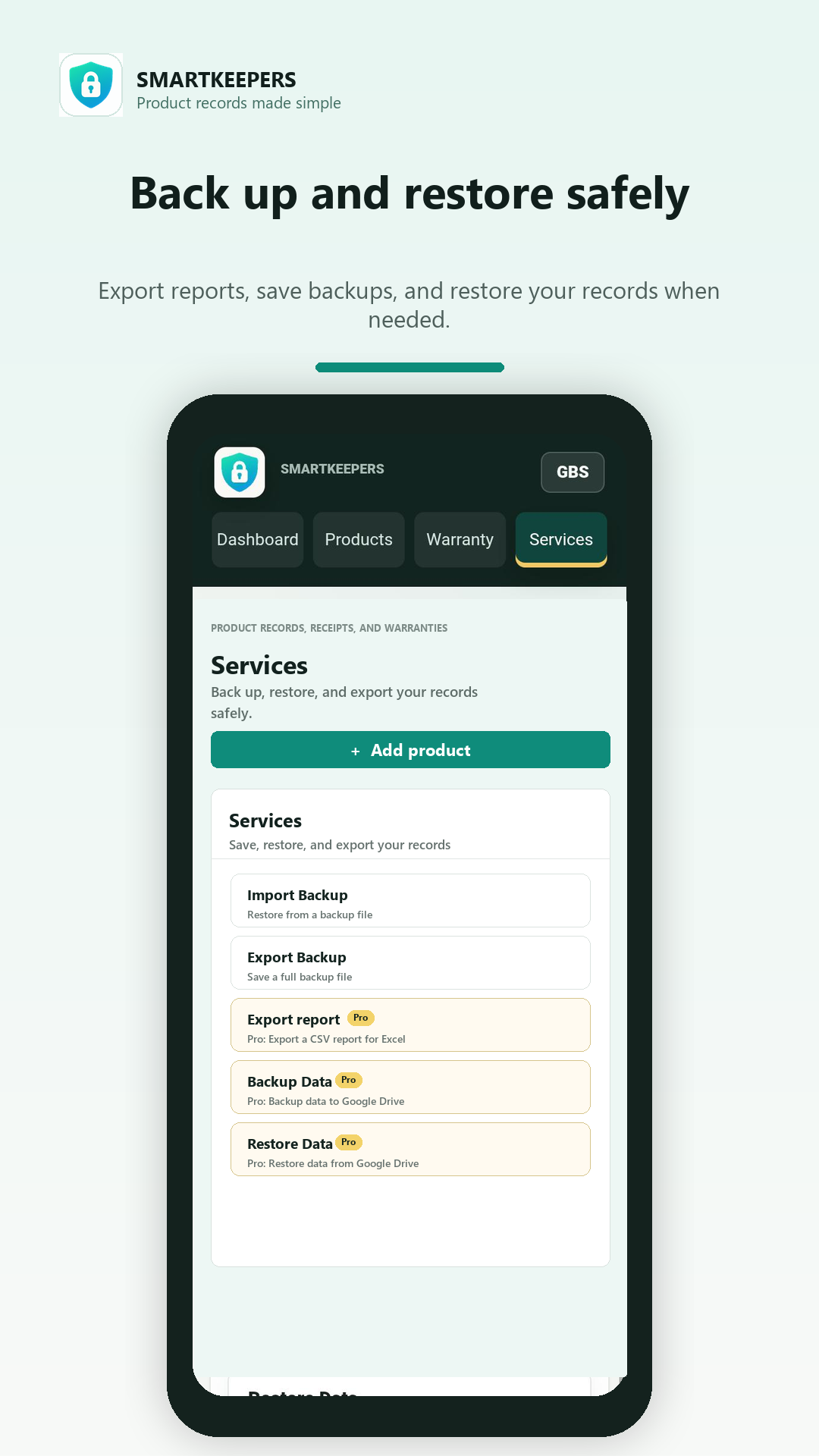 SmartKeepers services screen showing Google Drive Backup and Restore